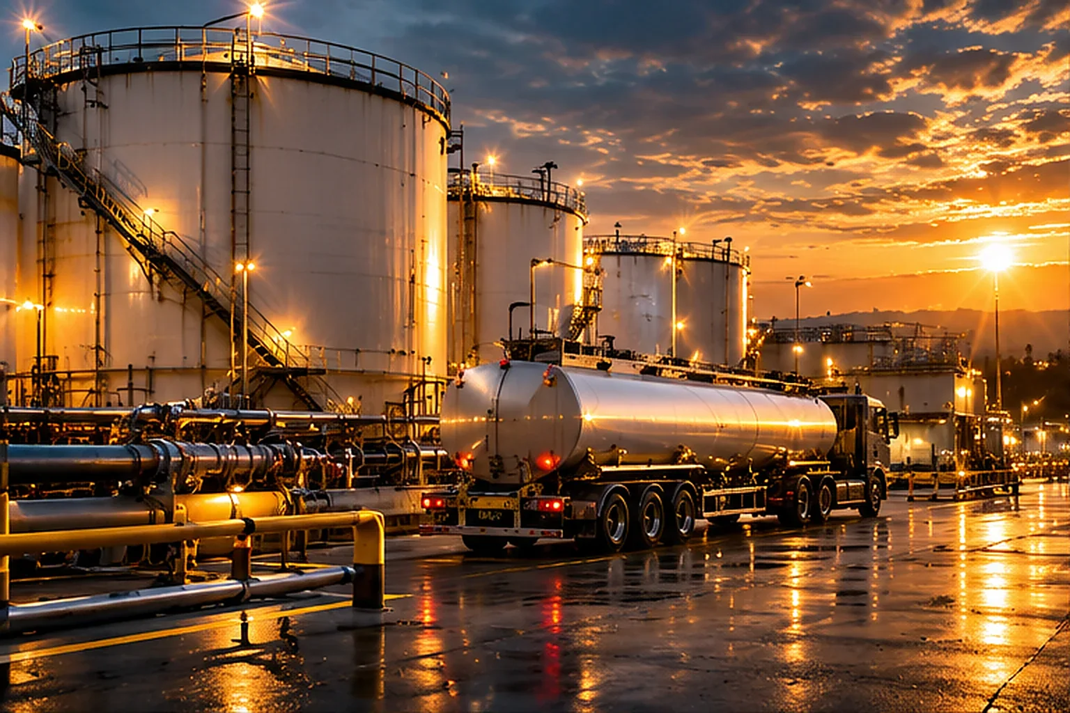 Illustrative diesel terminal and tanker in warm evening light